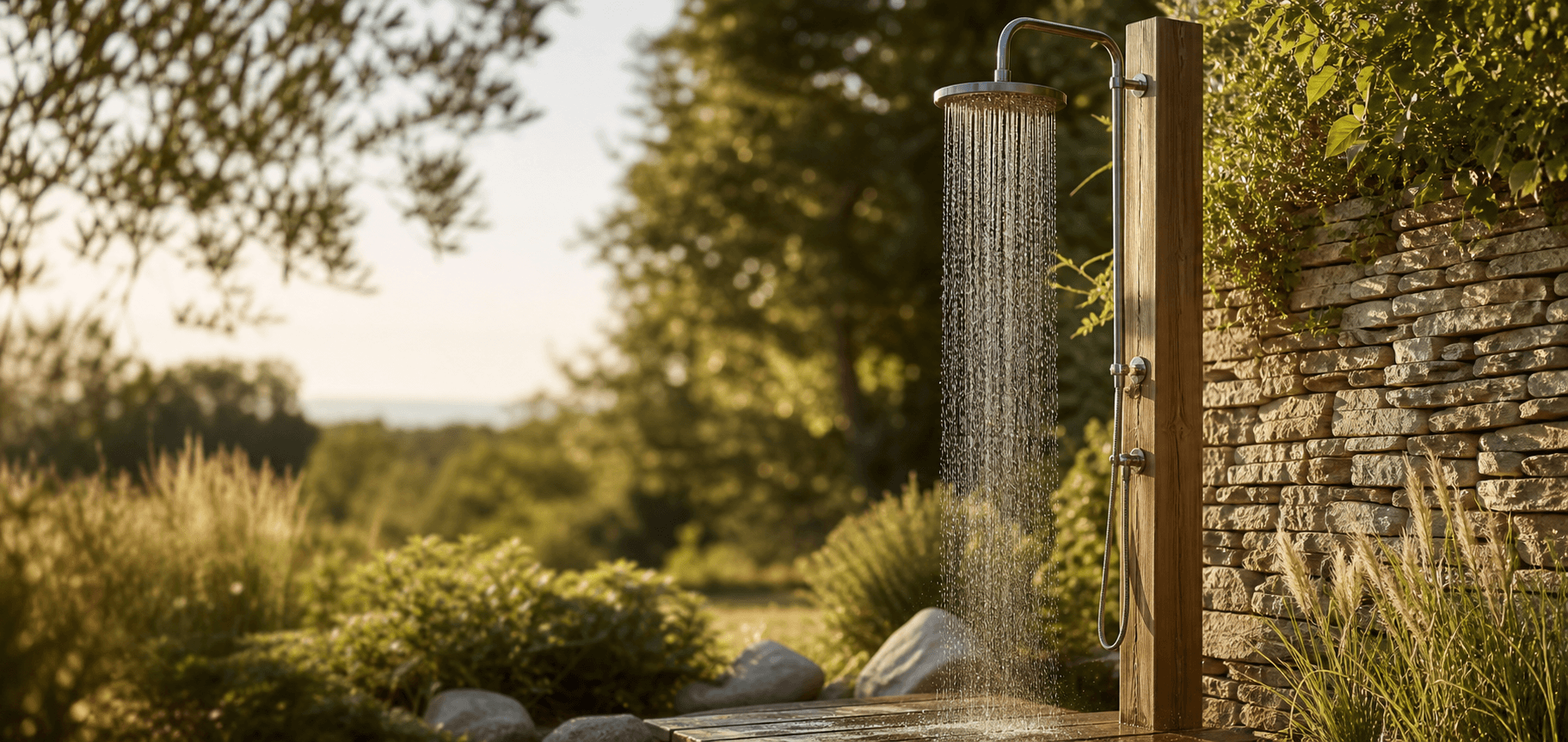 Sfeervolle buitendouche met stromend water in zomers licht
