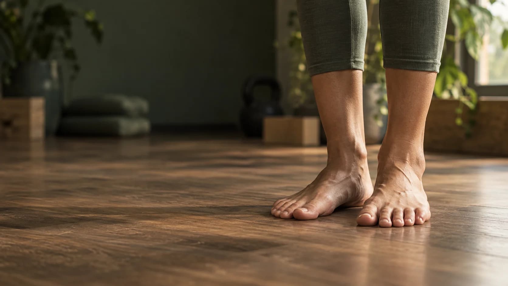 Blote voeten stevig op een houten vloer in een trainingsruimte